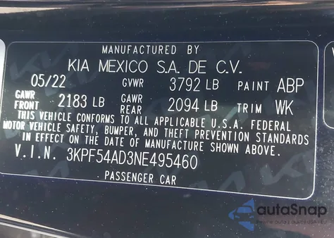 2022 Kia Forte Gt-Line z USA, uszkodzony, nr VIN 3KPF54AD3NE495460